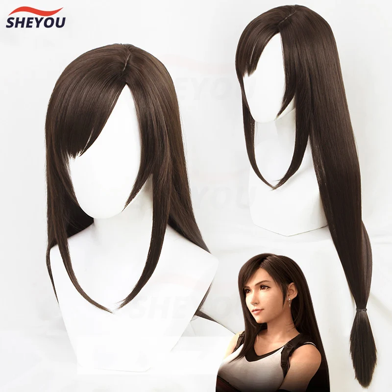 New Arrival 100cm Brown Straight Side Parting Styled Synthetic Hair Tifa Lockhart Wigs Cosplay Party Halloween Wigs + Wig CAP