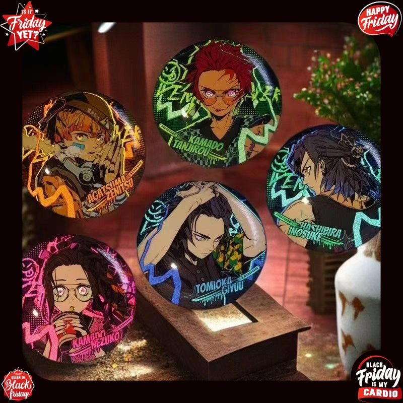 10Pcs Demon Slayer Anime Tinplate Badge 58mm Round Brooch Cute Reflective Pins Wholesale For Backpack Clothes Decoration