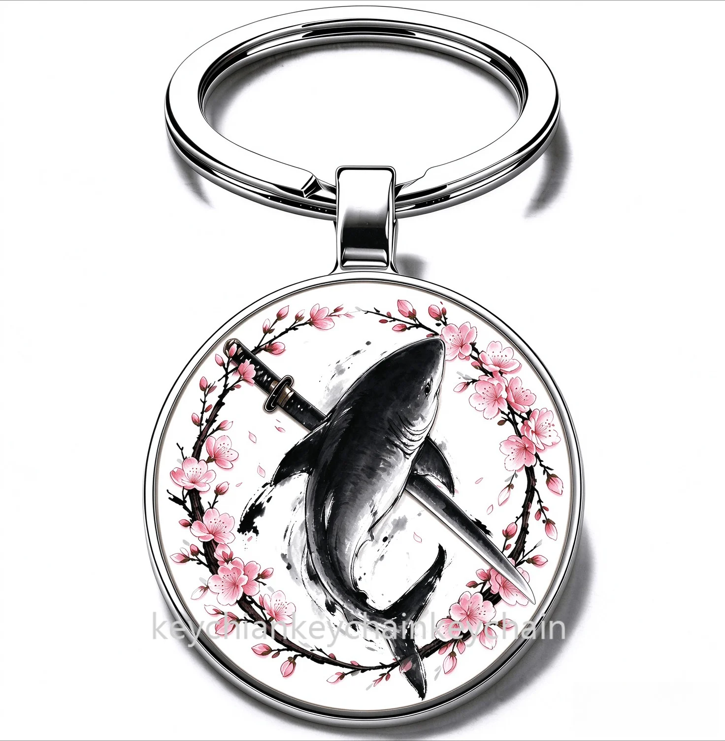 Japanese Ocean shark Cherry Blossom Katana Keychain Samurai Sword Sakura Wreath Key Ring Car Bag Pendant Men Gift