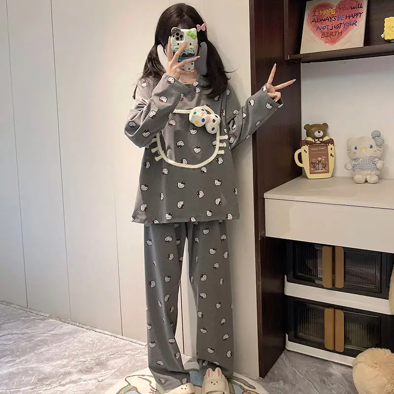 Anime Cartoon Hello Kitty Sanrio Pajama Set Spring Autumn Cute Round Neck Women's Home Clothes Kawaii Fashion Girl Pajama Set