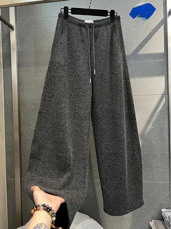 

High Waist Dstring Fce Wide Leg Pants Men Women Winter Fce Floor Length Casual Straight Long Pants Rice Noodle Material