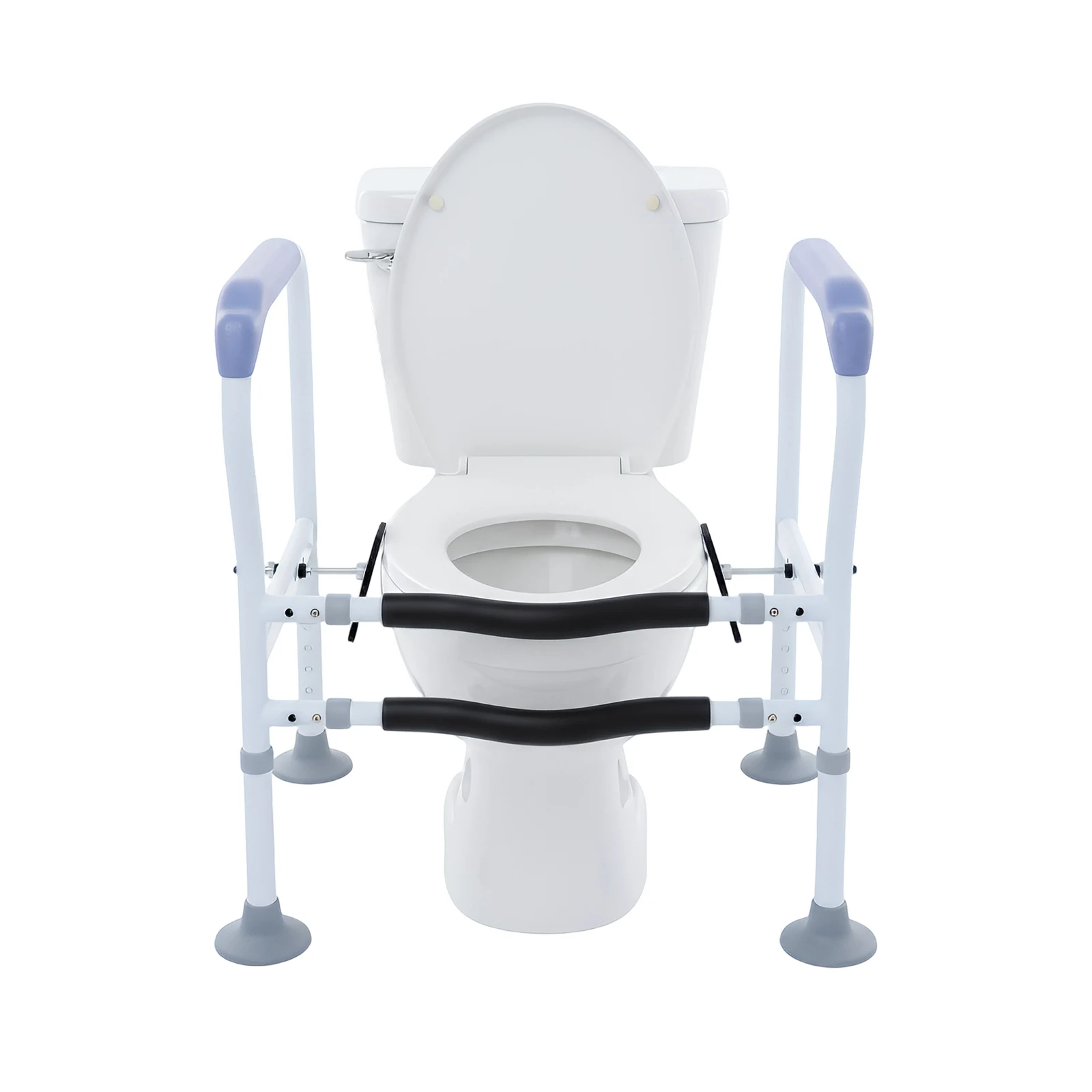 

White Freestanding Toilet Safety Rails Carbon Steel Frame Electrostatic Powder Spraying PU Foam Handle Adjustable Height 65-78cm Length 60-65cm Max Load 150kg Bathroom Support Frame For Elderly Pregnant Disabled Mobility Aid