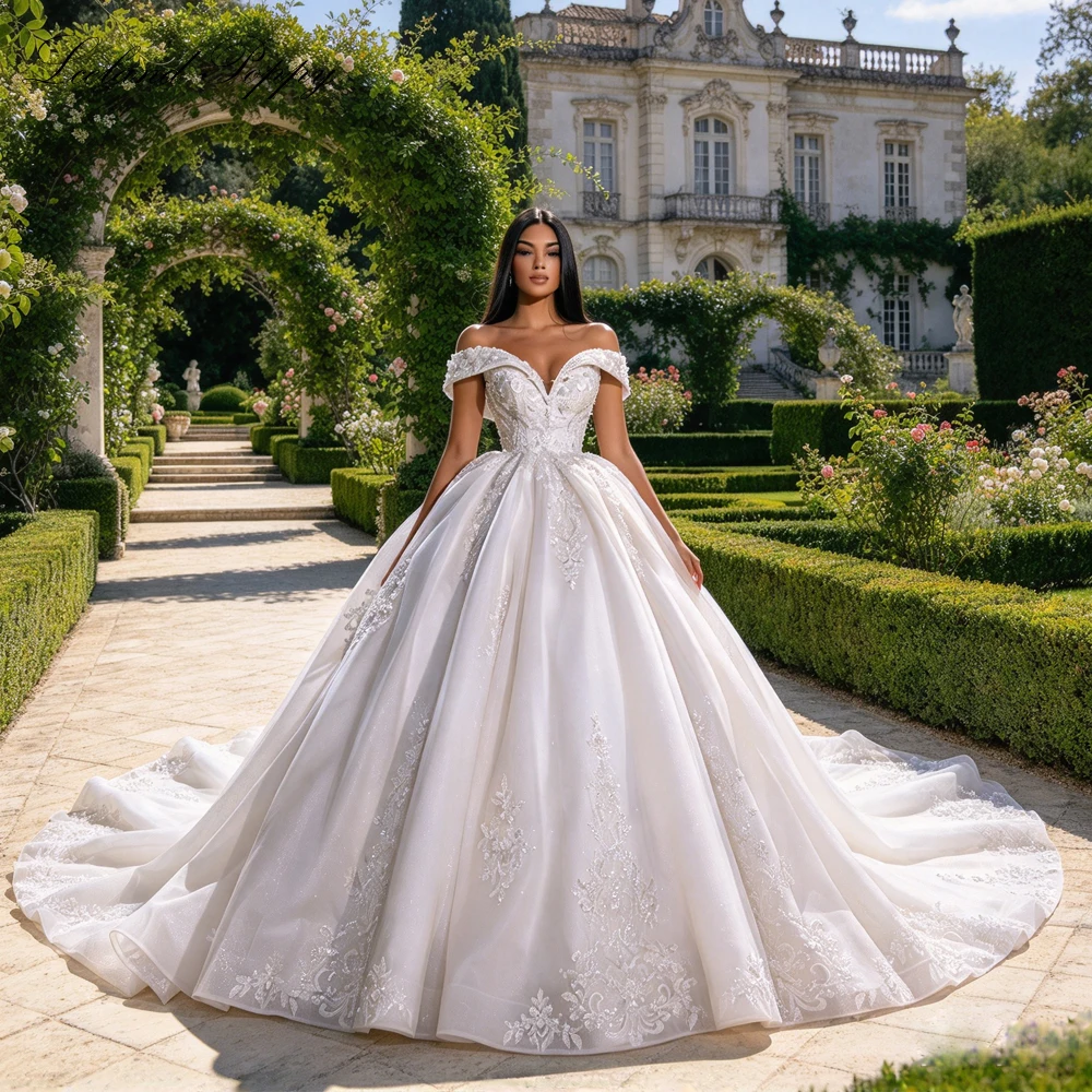 Lceland Poppy Customized Off the Shoulder Ball Gown Wedding Dresses Beaded Lace Appliques Bridal Gowns with Chapel Train