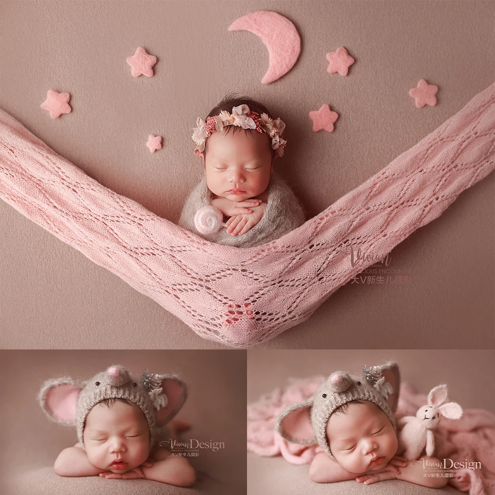 

Newborn Photography Props Kit Adorable Knit Elephant Hat Floral Headband Moon+star Photo Backdrop Decor Props Studio Baby Photos