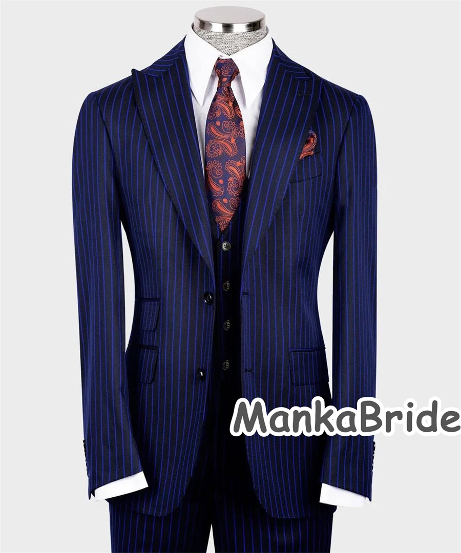 Terno clássico listra azul marinho masculino, roupas personalizadas de casamento, blazer, colete, calças, negócios formais, festa, 3 peças