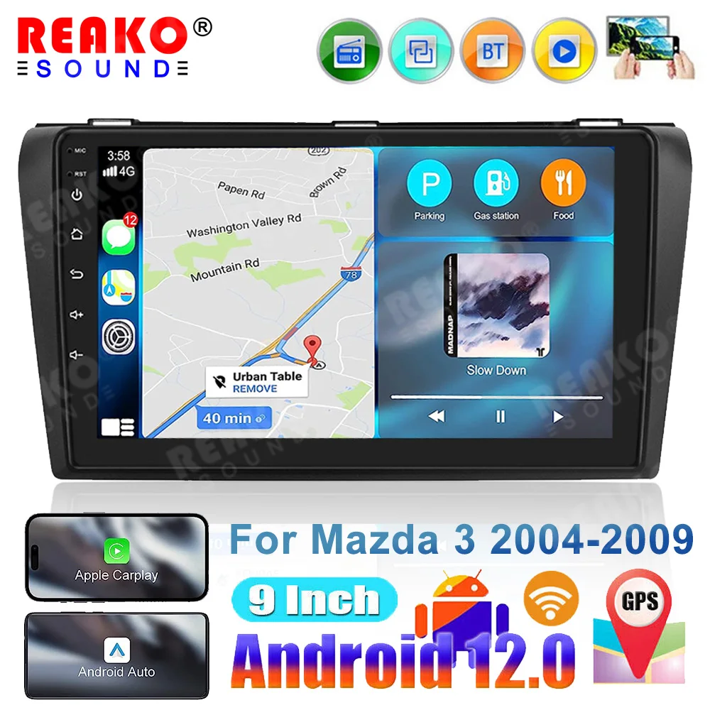 

REAKOSOUND 2+32G 9'' Carplay Android12 Car Radio Multimedia Player Auto Stereo BT Wifi Navigation GPS For Mazda 3 2004-2008