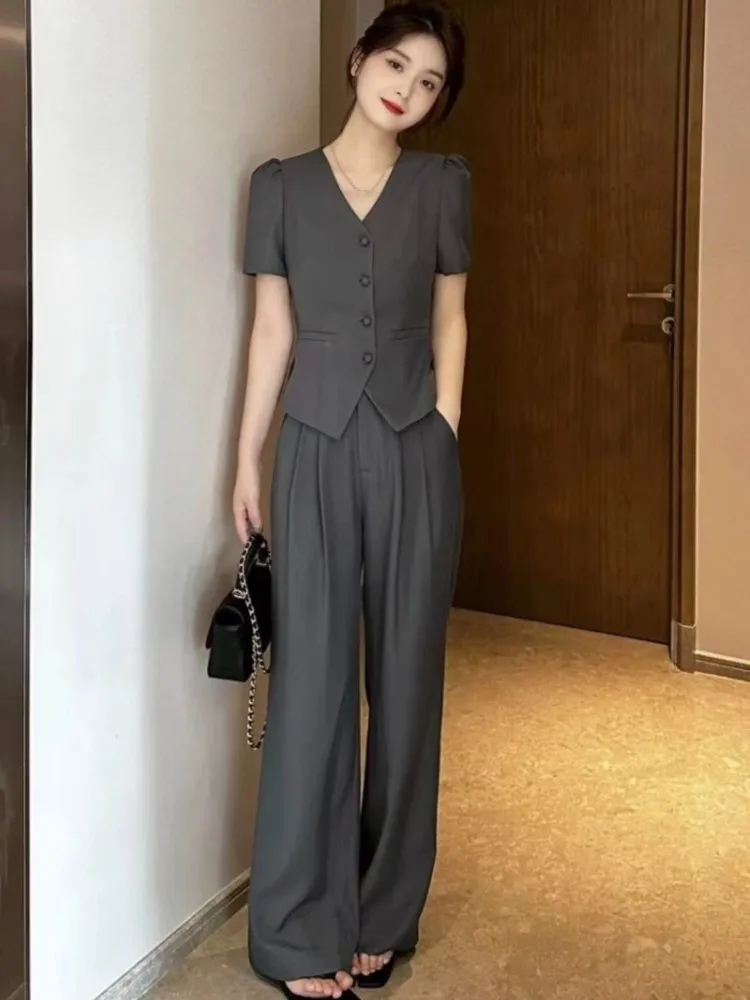 Women Short Sleeve Top Wide Leg Pants Suit Summer New Fashion Female High-end Korean Style Casual Pants Two Piece Set