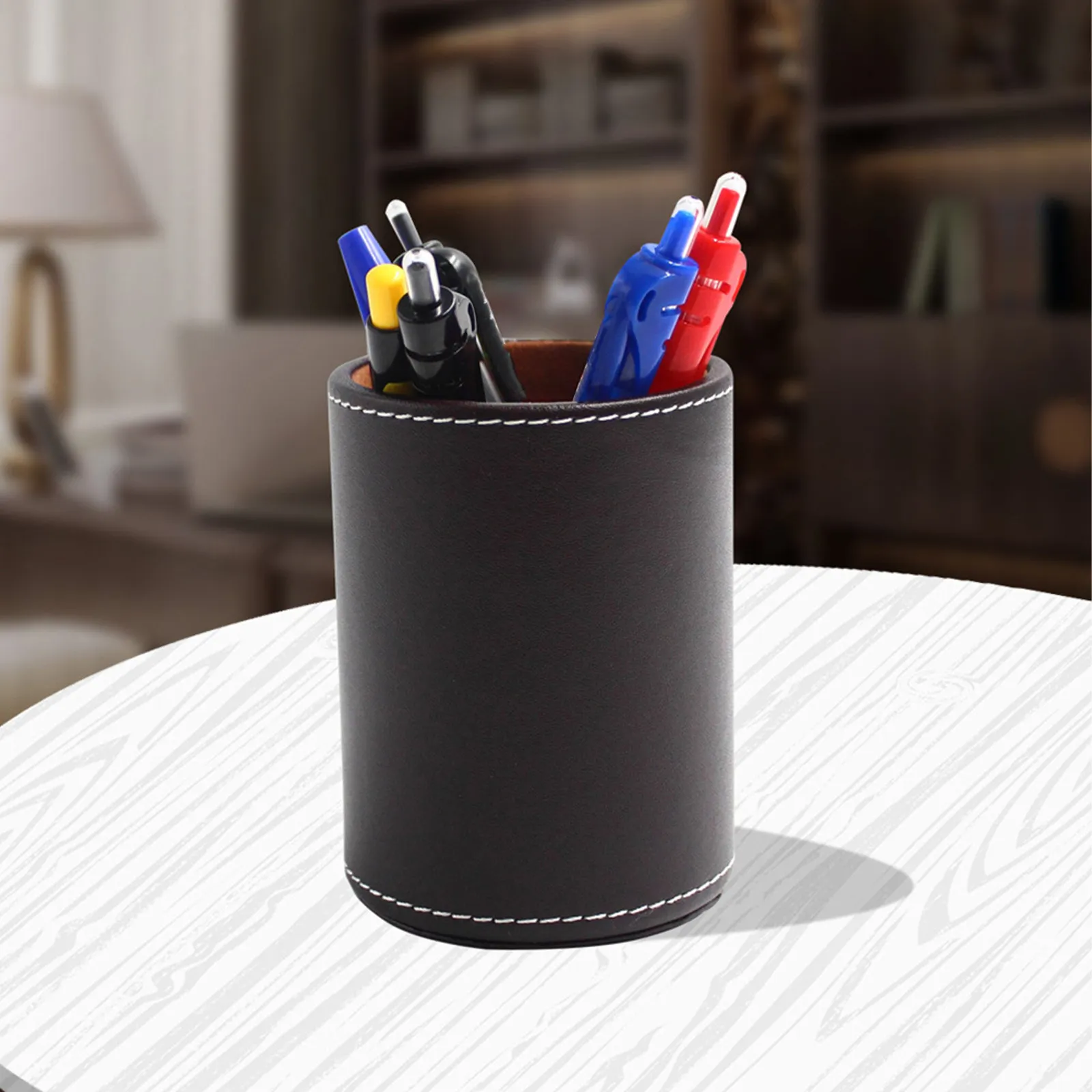 1Pcs PU Pen Holder Round Shape Sturdy Desktop Pencil Container for Office Home Makeup Brush Storage Brown Black