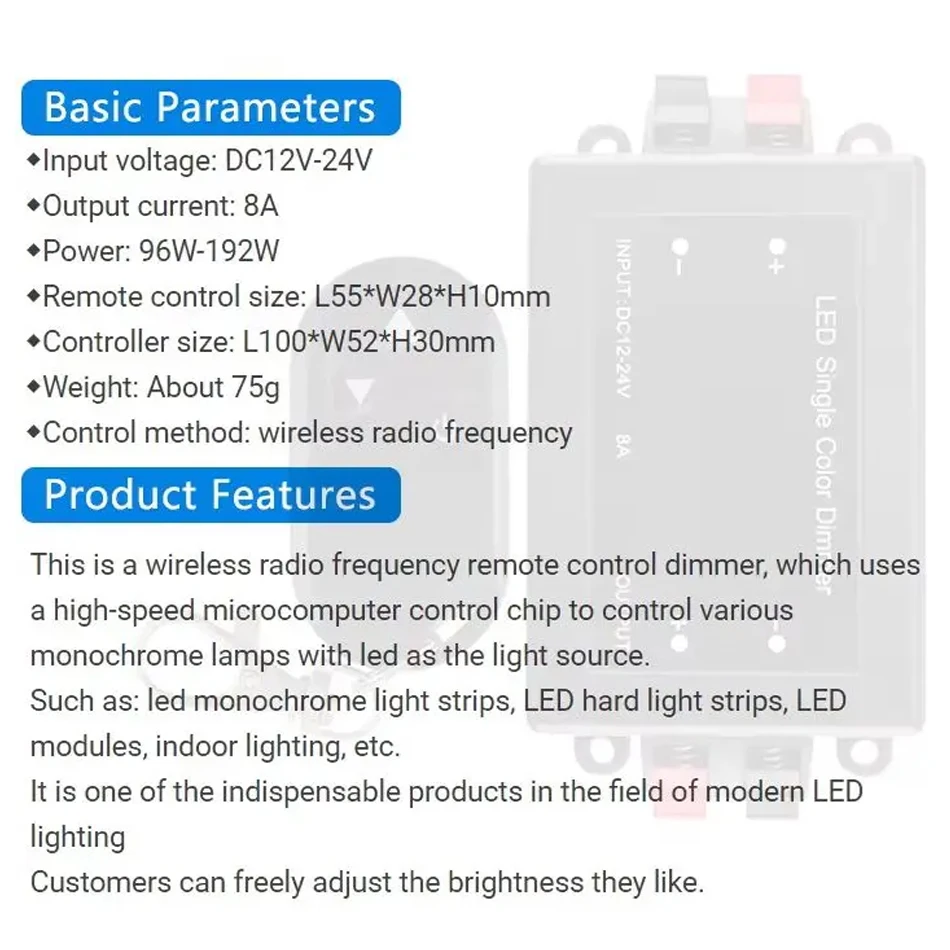 LED Monochrome Light Low Voltage Dimmer Controller 12V 24V 8A with RF Wireless Remote Control for Single Color Lighting lamps