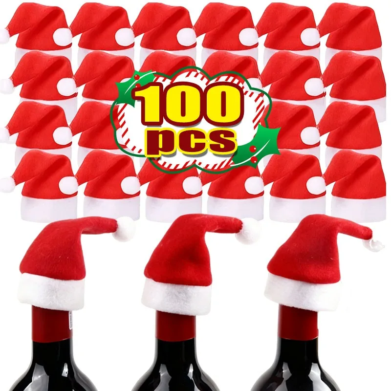 

100pcs Mini Christmas Wine Bottle Hats Soft Velvet Santa Caps Non Woven Fabric Xmas Gift Wrapping Table Decor Party Supply