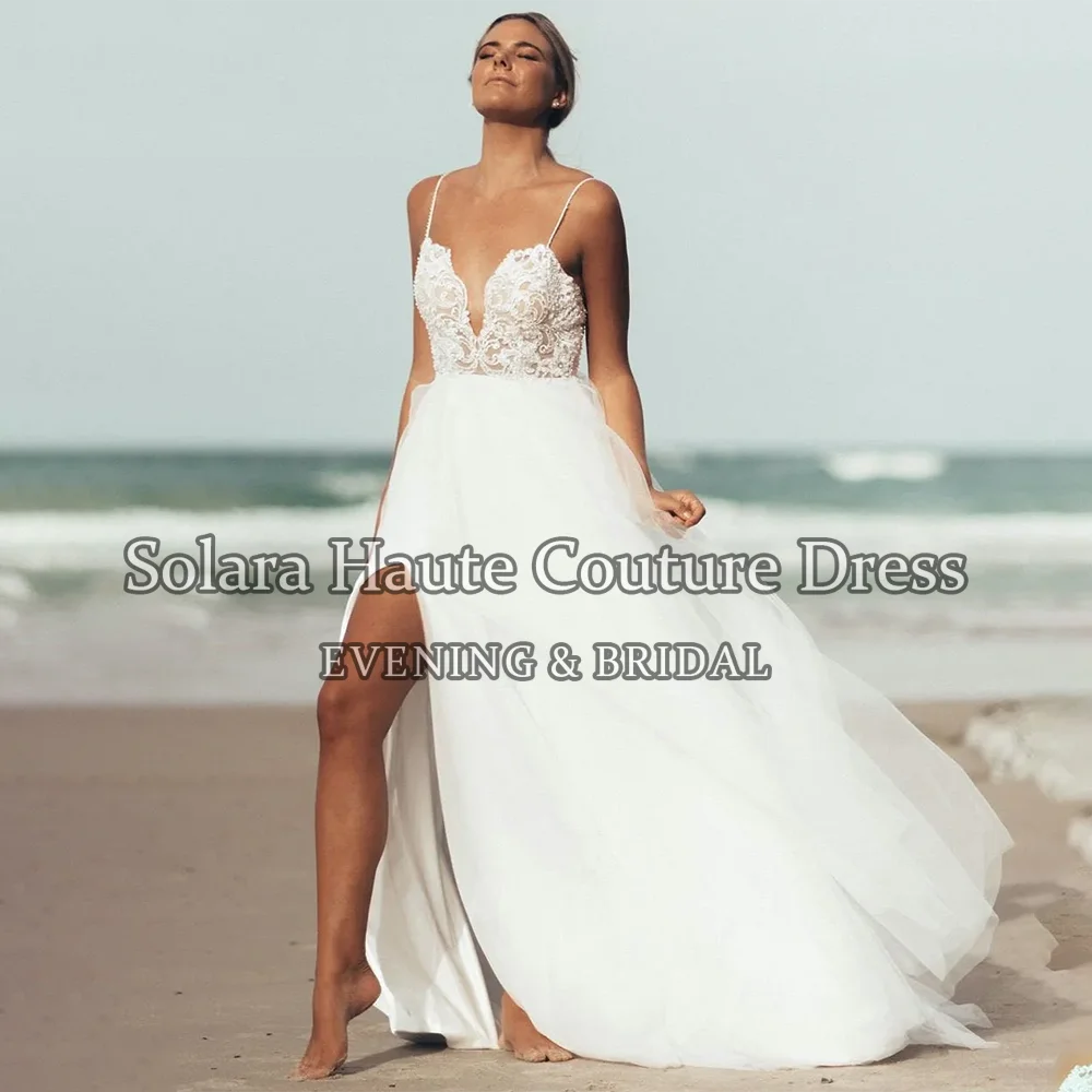 2026 Beach Wedding Dresses Split Customized Boho Spaghetti Straps Deep V Neck Beading Pearls Applique Customize To Measures