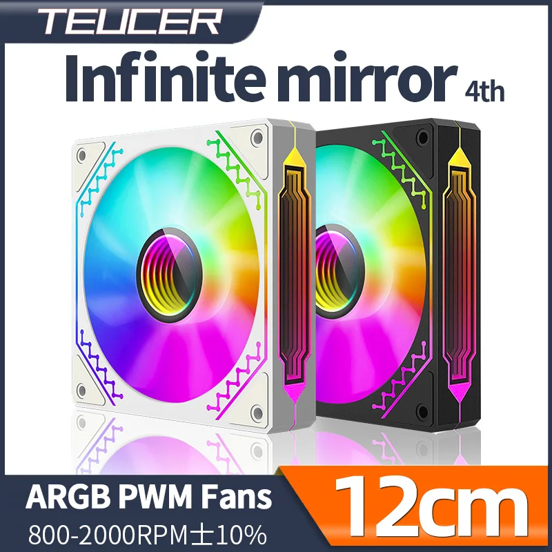 Teucer-Infinite Mirror 4 ° Branco Silent Fan, 120mm, 12V, PWM, ARGB, 5V, 3Pin, Stereo Lighting Effect, ARGB Reversal Chassis Ventilador