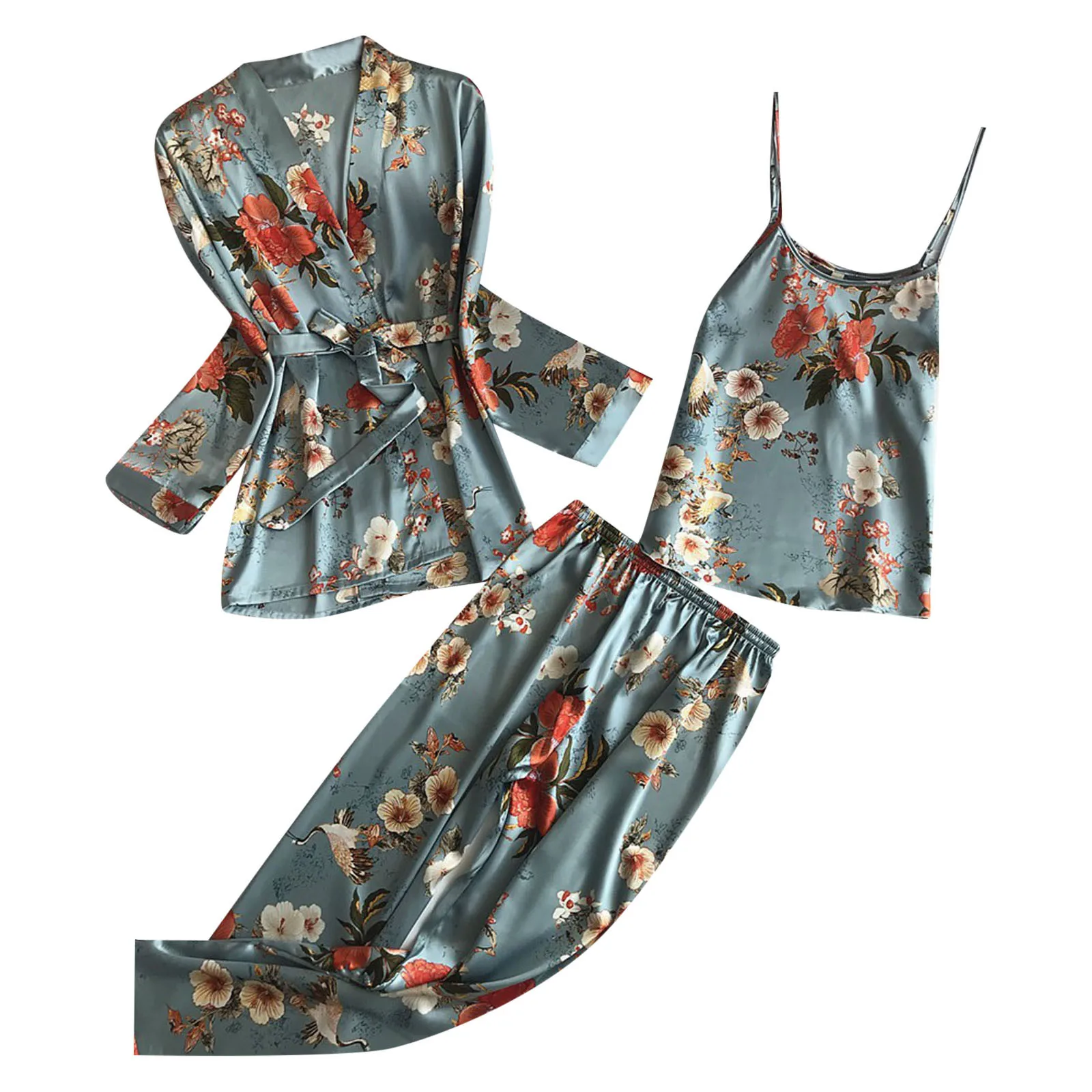 Three Piece Pajamas Set Women\'S Homewear Vintage Floral Camisoles Top Pants Kimono Cardigan Shirt Satin Silk Pj Set Loungewear