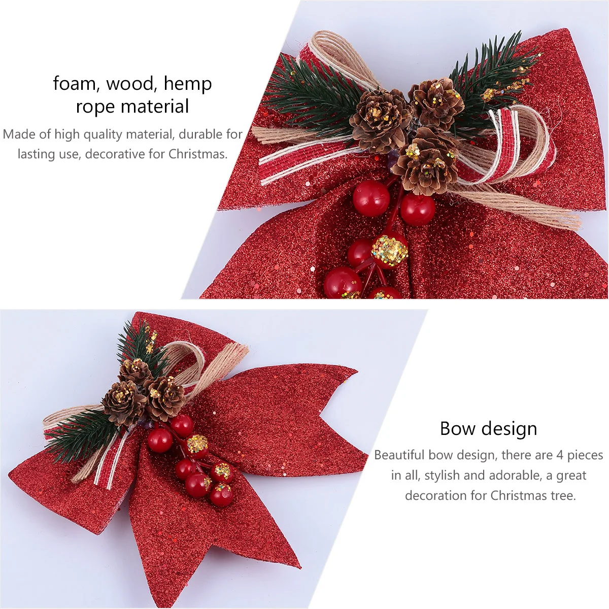 

4Pcs Christmas Tree Bow Beautiful Design for Holiday Decoration Xmas Home Office Party Ornaments Christmas Bow Decoration