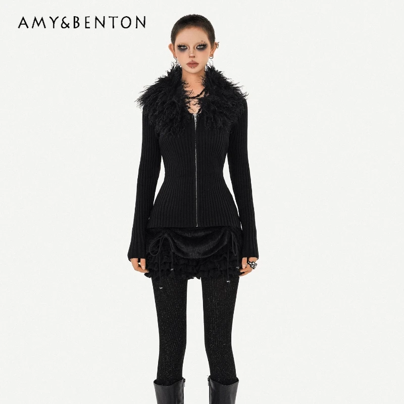 

American Retro Black Fur Collar Knitted Zipper Women's Top Autumn Winter Long Sleeve Slimming Versatile Hot Girl Cardigan Ladies