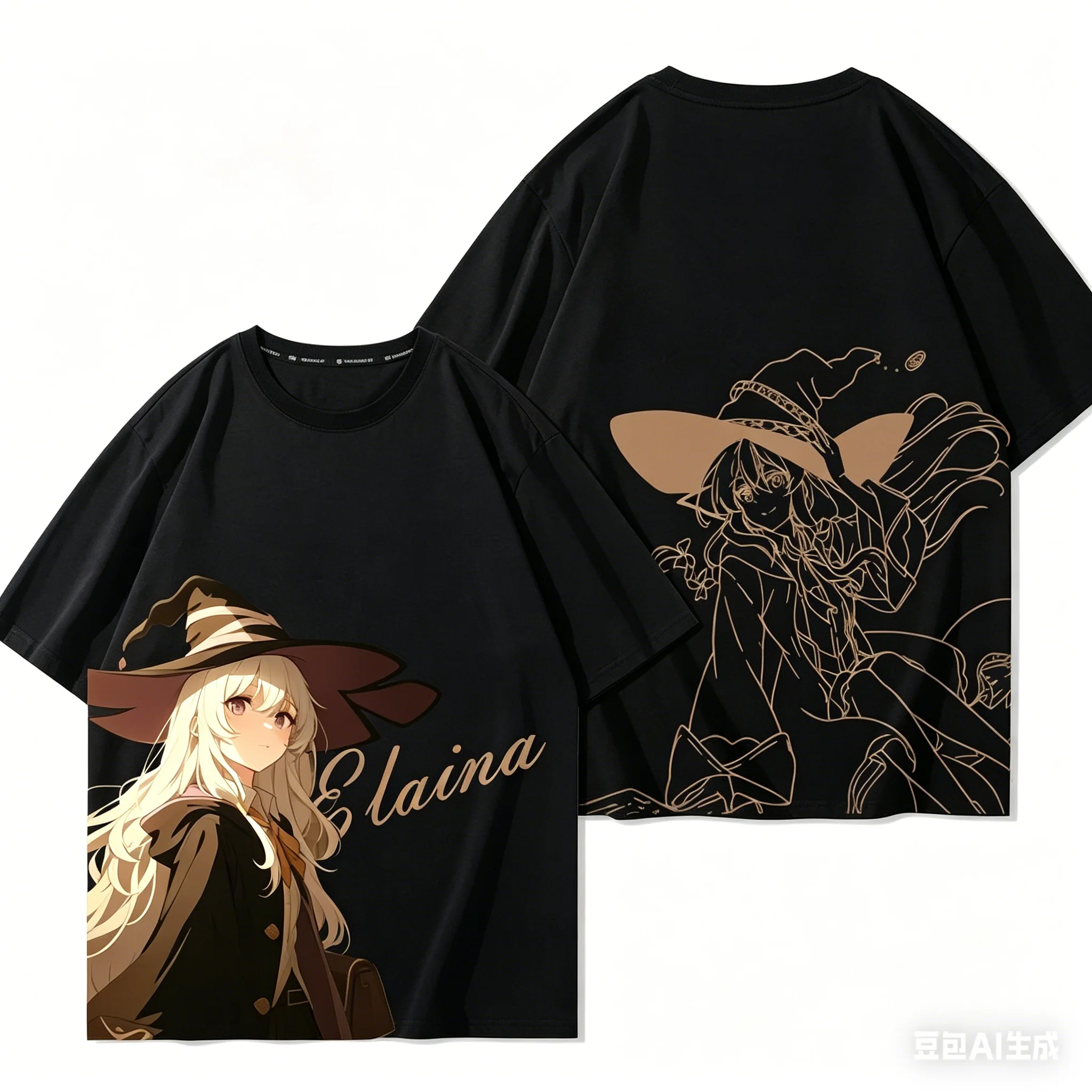 Camiseta de algodón Y2K unisex de gran tamaño con gráfico vintage de anime japonés de arte lineado a todo color de doble cara de Wandering Witch Elaina