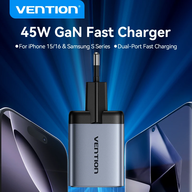 

Зарядное устройство Vention USB-C 45W PD для iPhone 17/16, быстрая зарядка Samsung S25/S24, GaN зарядка для ноутбуков, iPad Air/Pro, дорожное зарядное устройство