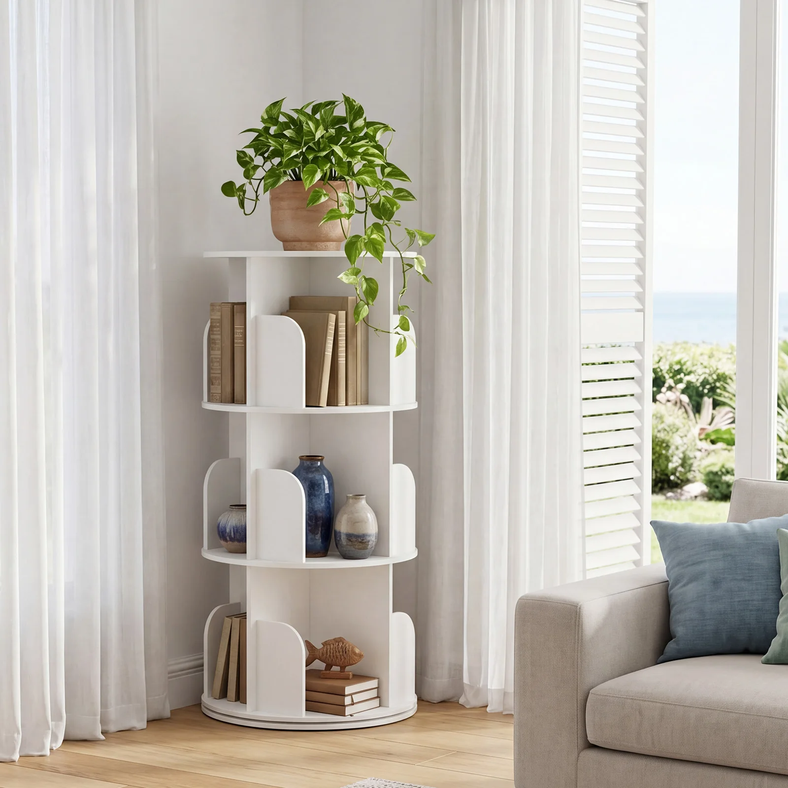 MCQ 3 to 4 Tiers PVC Rotating Bookshelf Display Shelves Classic Bookshelf Storage Shelves Bookshelf Sturdy Structure Graduated Shelves for Home