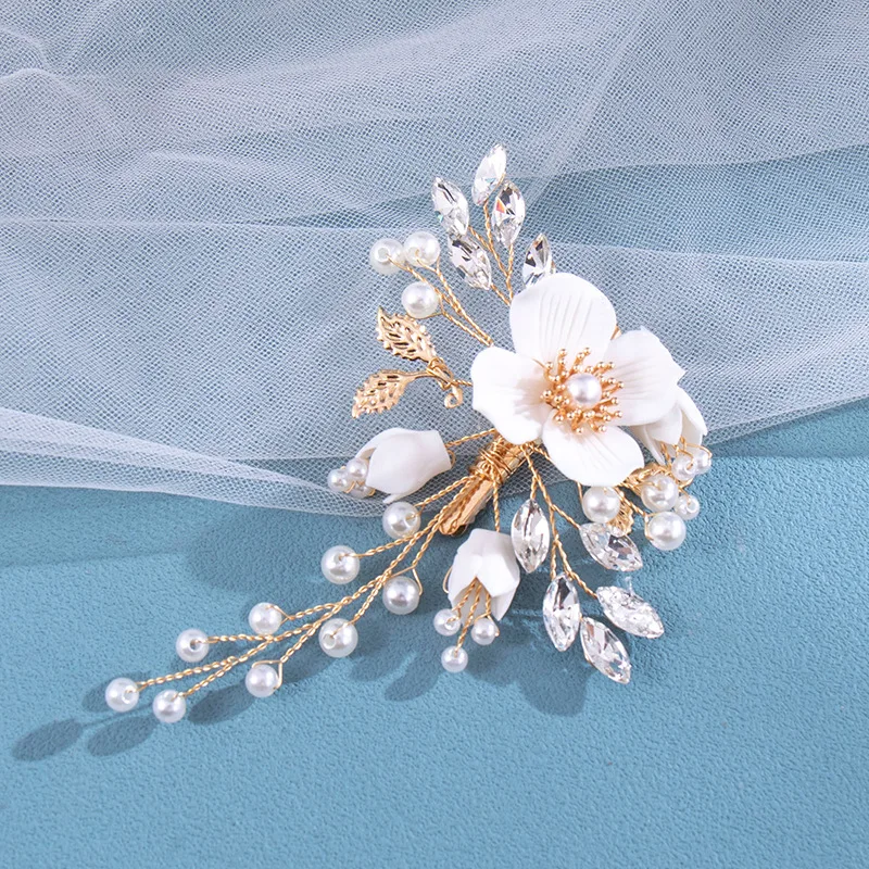 Wedding Flower Girl Bride Pearl Metal Hair Piece Crystals Accessories Hair Clips For Women image 3