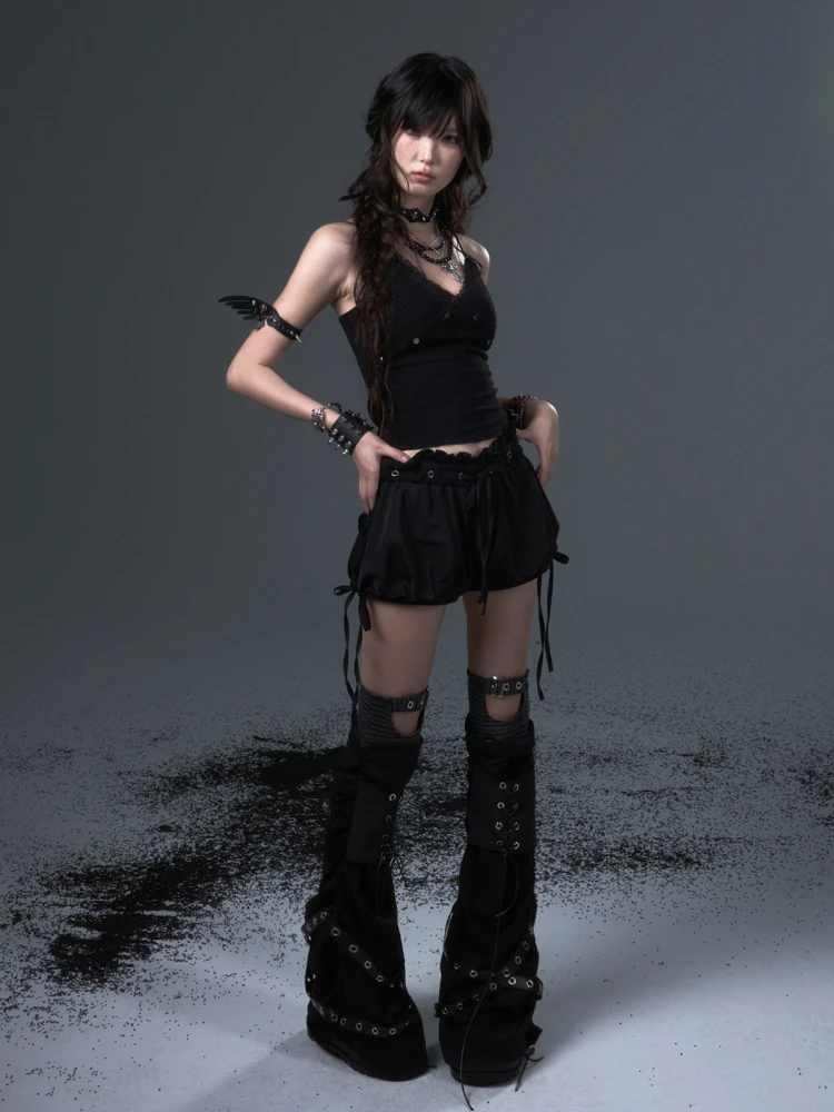 Frustration Garden Original Punk Rock Butterfly Drawstring Dobby Bud Puff Shorts Skirts Black Casual Cute All Match Shorts Women