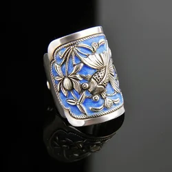 Vintage Goldfish Lotus flower 925 Thai Silver Wide style rings for women Couple Enamel Blue Banquet Jewelry Adjustable opening