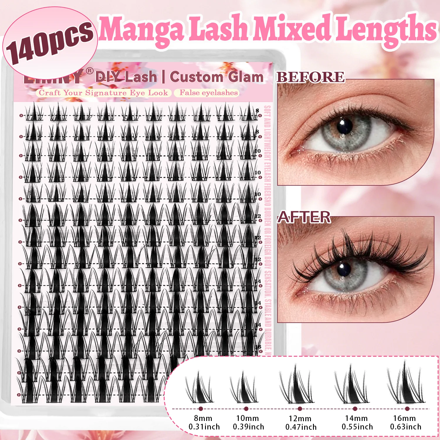 140/164 Stück Feenwimpern-Cluster, Manga-Wimpern-Cluster mit Werkzeugset, C-Curl DIY Spiky Wimpern, Mix 8-16mm Natürliche Anime-Wimpern – Detail 6