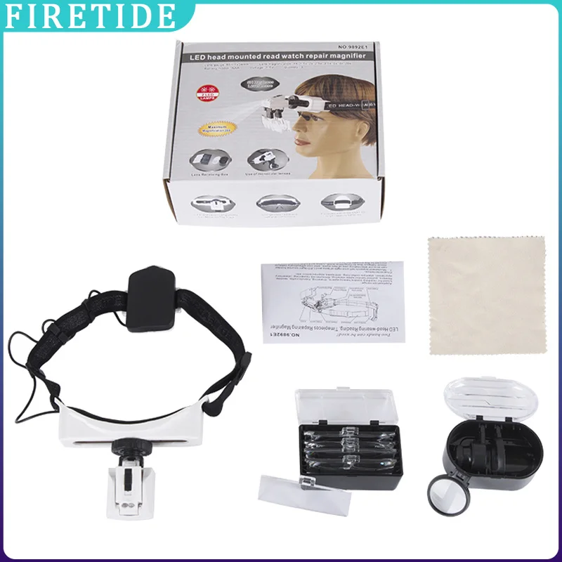 LED Head Mount Magnifier 8 Interchangeable Lenses Adjustable Headband for Electronic Repair Craft Screen Detail Inspection