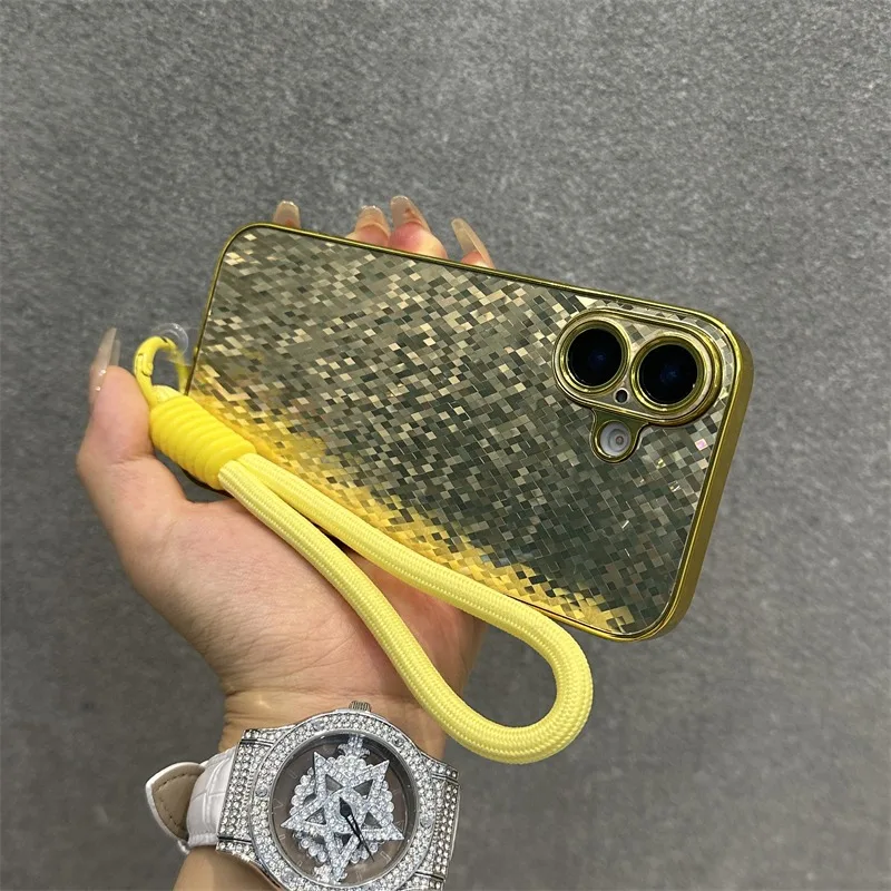 Luxury Glitter Bling Rhombus Plating Case for iPhone 16 15 11 12 13 14 Pro Max 16 15 14 Plus PC Shockproof Cover with Lanyard