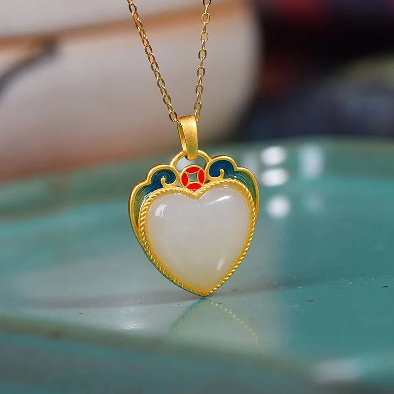 Original Natural Hetian Jade Love Necklace Pendant Classical Enamel Porcelain Chinese Ancient Gold Craft Ladies Jewelry