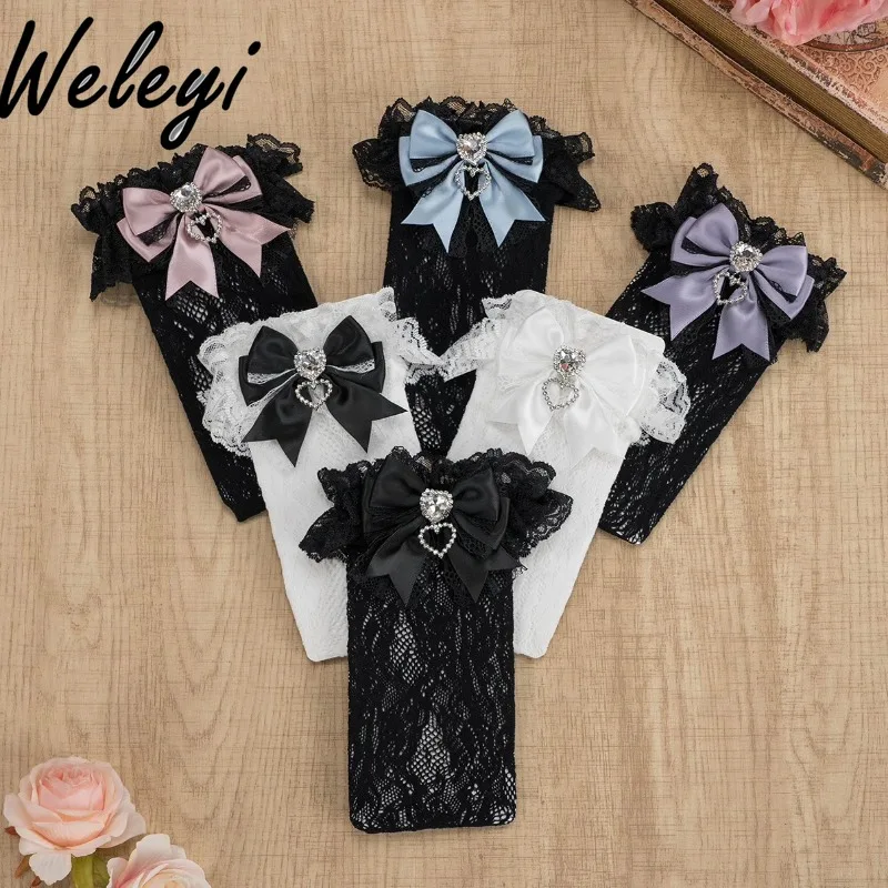 Lolita Mine Series Rhinestone Love Bow Lace Knee Socks for Women 2024 New Japanese Handmade Mass-produced Middle Tube Socks
