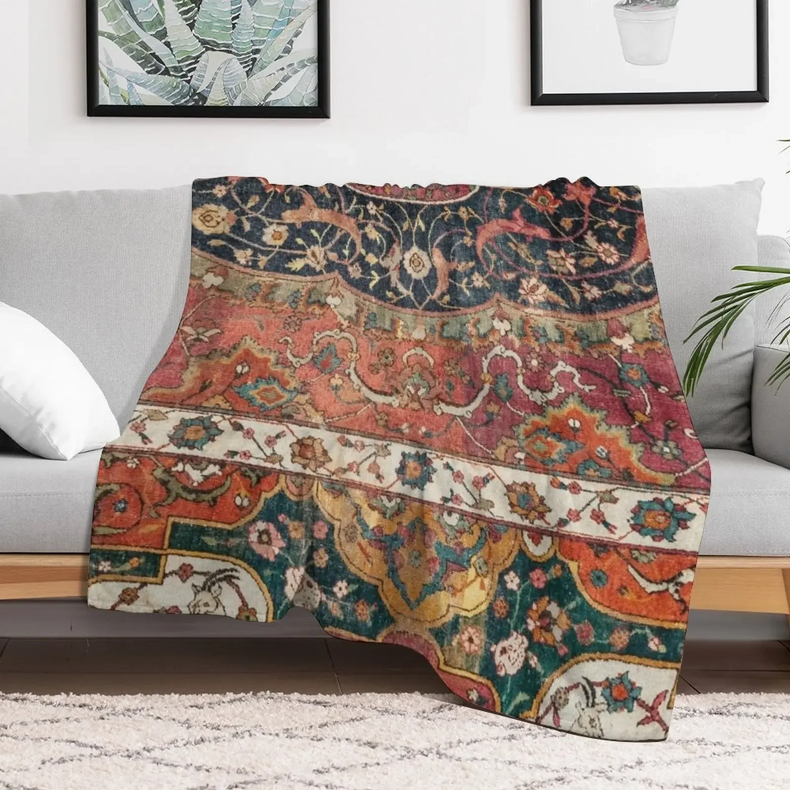 Persian Medallion Rug IX // 16th Century Distressed Red Green Blue Flowery Colorful Ornate Pattern Throw Blanket