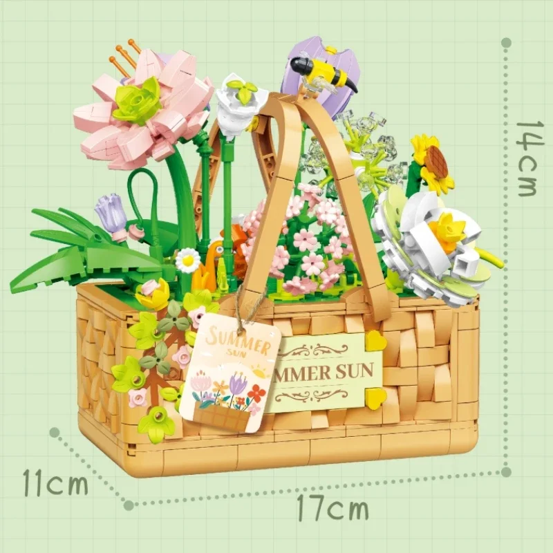 Bouquet Assembly Toy Home Desktop Decoration Summer Sunshine Flower Basket Building Block Creative Holiday Gift for Kids