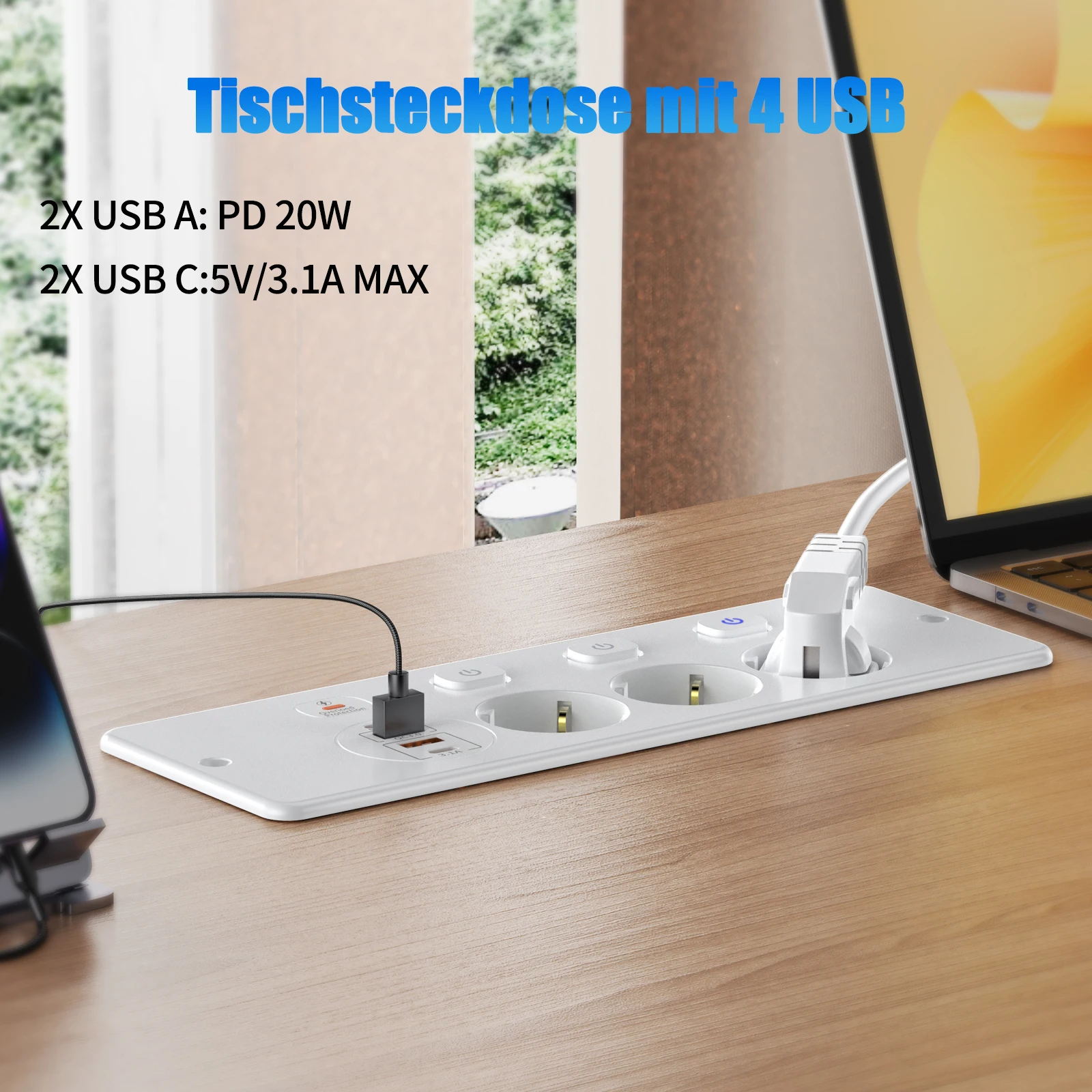 EU Plug Table Recessed Socket Power Strip with Individual Switches, Bulit in socket with 2 USB A 2 USB C Etractable Outlet