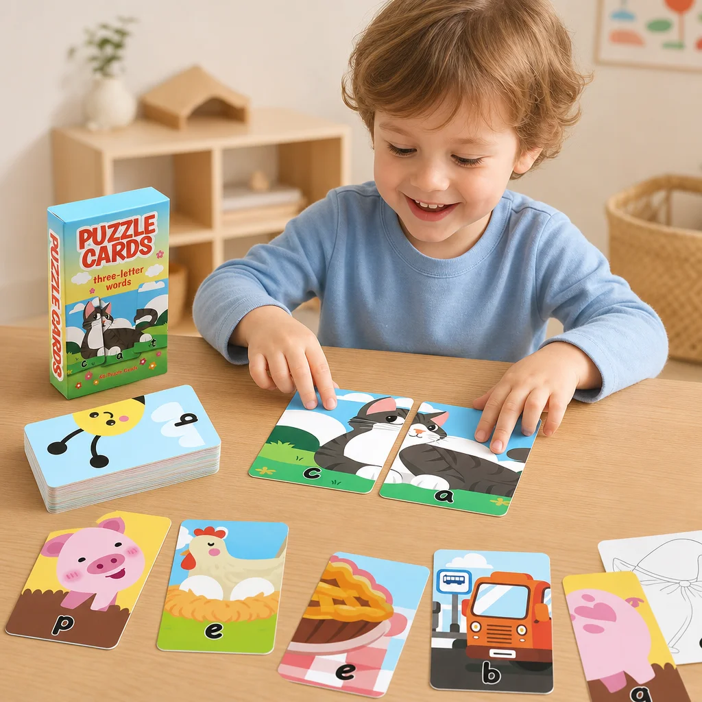 Educational Three Letter Word Puzzle Cards Durable for Early Learning Kids 54Pcs Thick Paperboard Flashcards Set