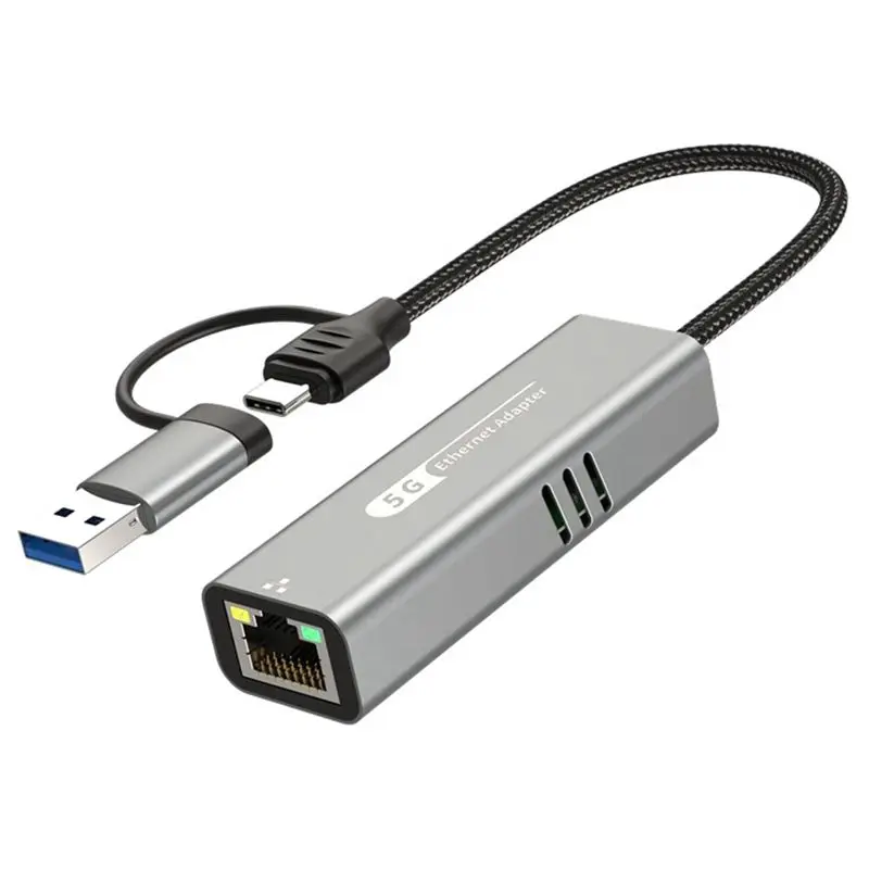USB 3.0+Type-C To 5G Wired Network Card Adapter 1000 Mbps Network Adapter RJ45 Network Port For Laptop Win10/11/Mac OS