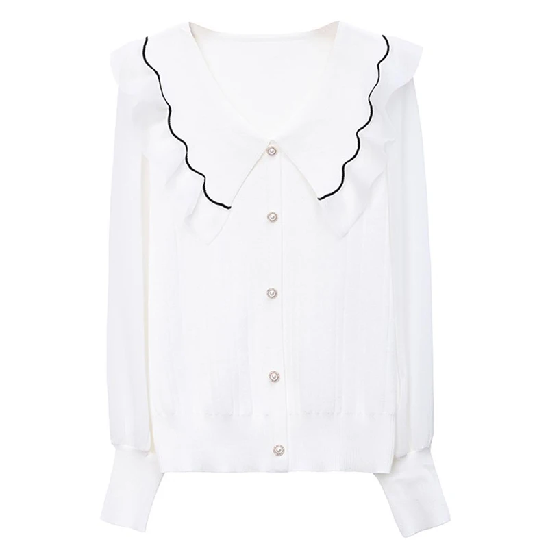 Jersey de punto de manga larga con volantes para mujer, con cuentas blusa elegante blancas y negras, moda femenina