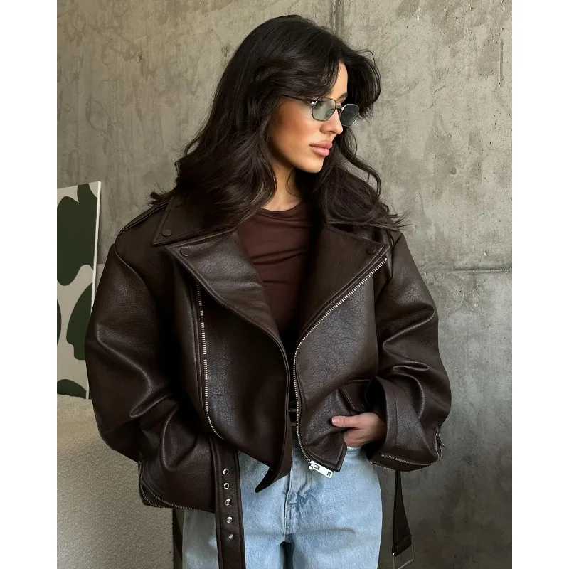 Elegante Vintage Braun Zipper Leder Kurze Jacke Frauen Chic Revers Lange Ärmeln Gürtel Lose Mäntel Herbst Highstreet frauen Mantel