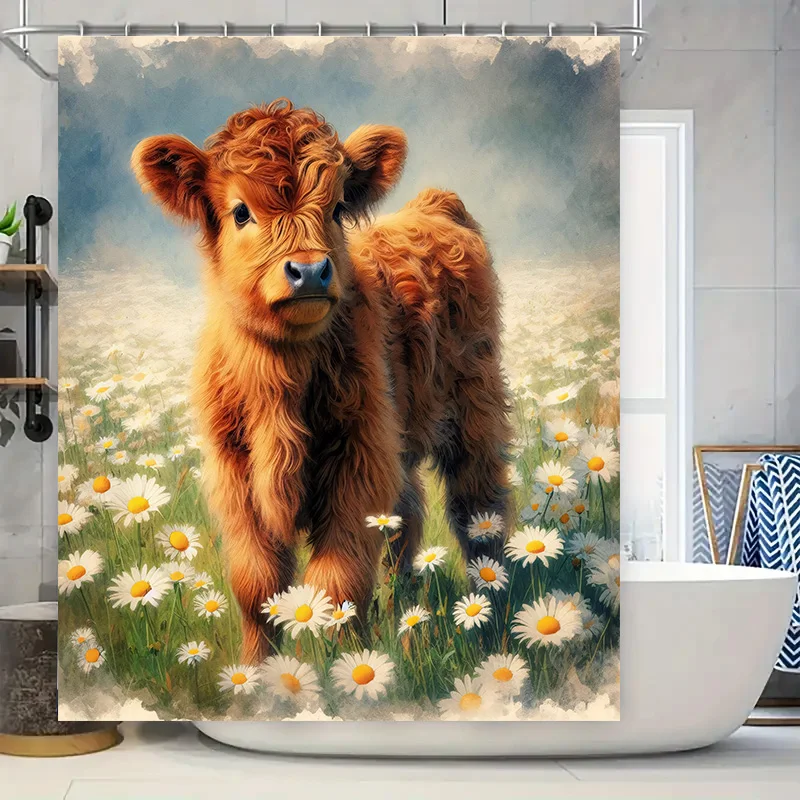 Farm Fresh Fun Shower Curtain Adorable Cow Design with Sunny Daisy Field for Bathroom Decor