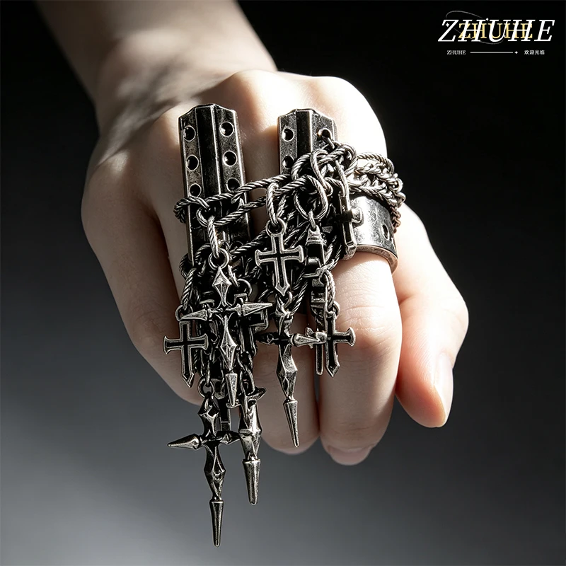 Dunkler Nieten-Kettenanhänger-Fingerring aus Kupferlegierung, Schmuckzubehör für Damen und Herren, Streetwear, cool, verstellbar