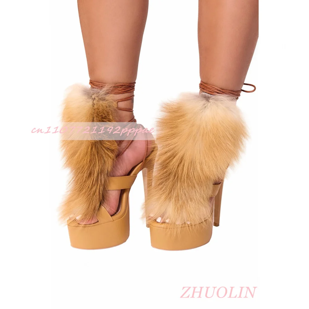 Women Black Furry Platform Stiletto Sandals Open Toe Ankle Lace Up Wrap High Heels Fluffy Fur Trim Party Stripper Heel Footwear