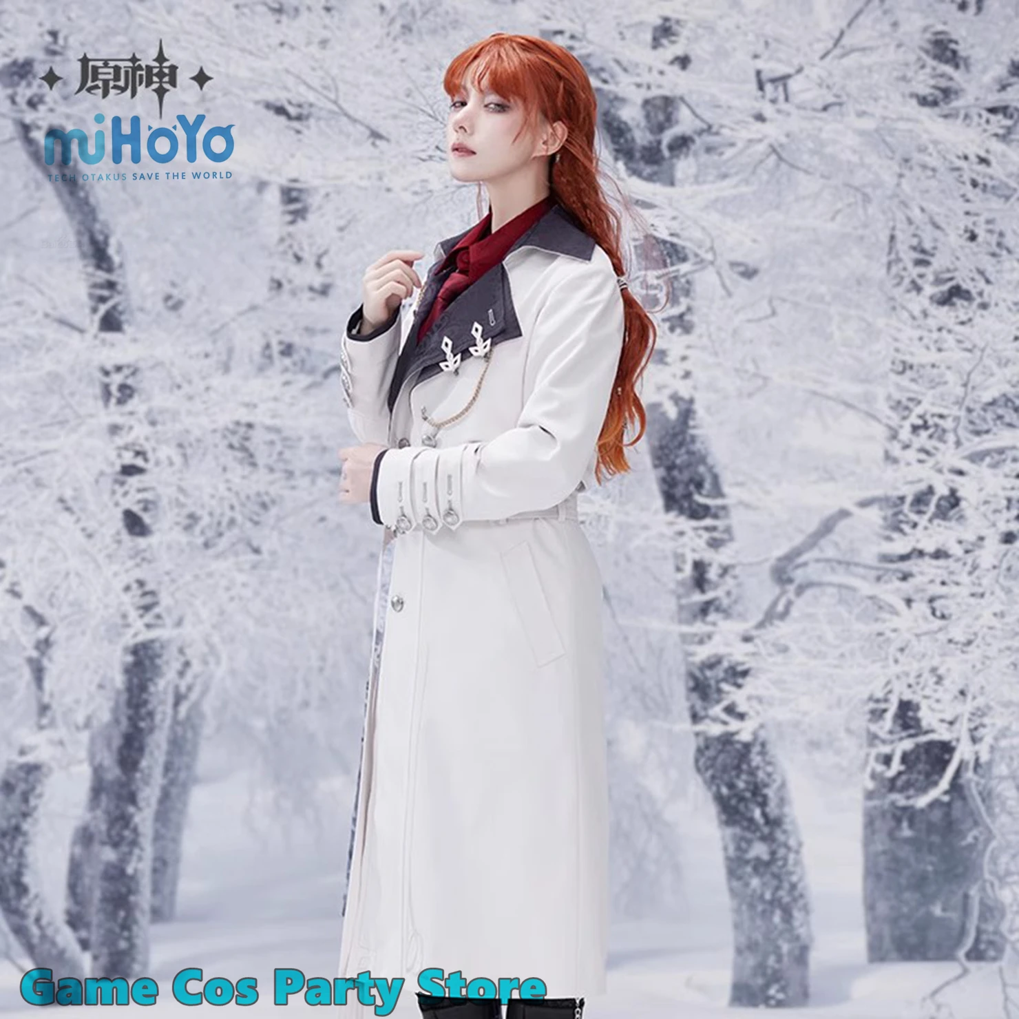 [حقيقية] Genshin تأثير Fatui Harbingers الصقيع واللهب معطف طويل أنيمي لعبة تأثيري ازياء المرأة ملابس خارجية بروش قلادة