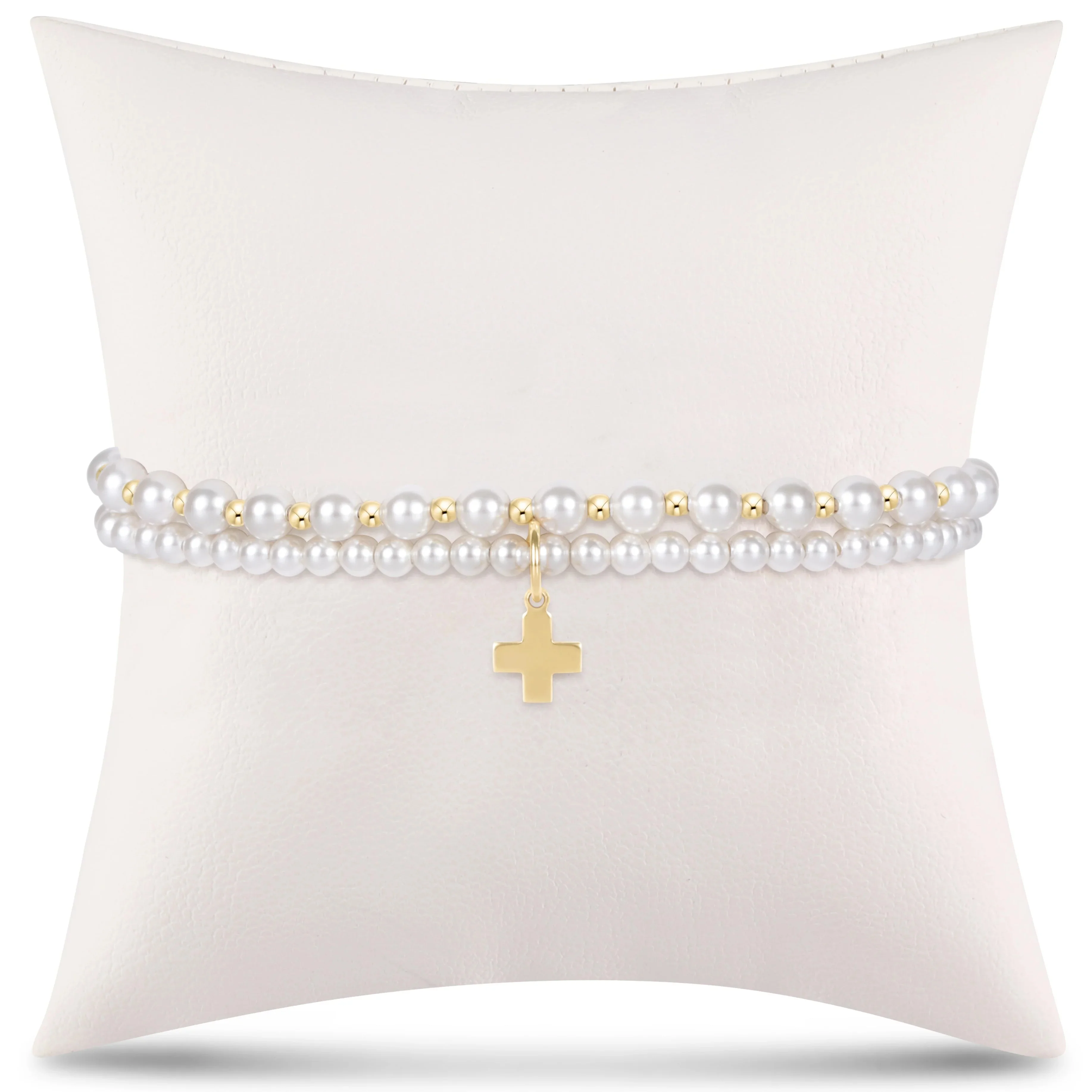 Vlen Shell Pearl Kreuz-Charm-Armband für Damen, 18K vergoldete Perlen, geschichtetes, dehnbares, zartes Pulseras Mujer Schmuckgeschenk – Detail 1