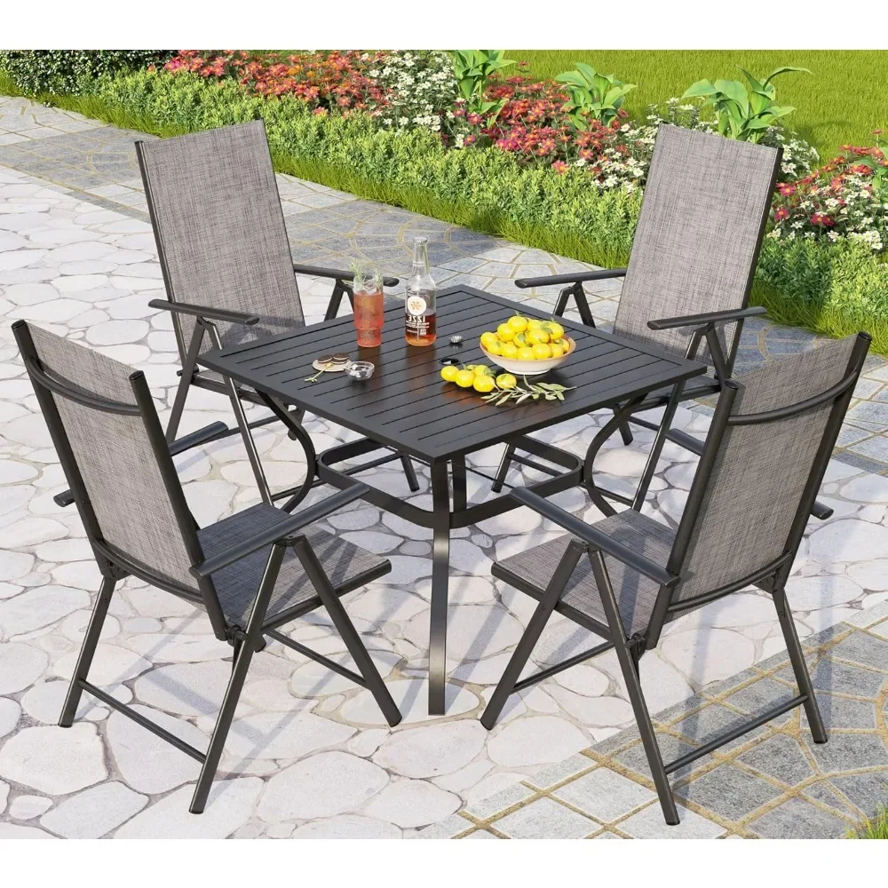 5 Pcs Outdoor Dining Set with Patio Table and Chairs Set of 8, Adjustable Foldable Patio Chairs & Metal Steel Table for Garden