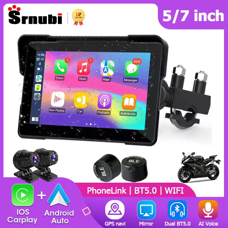 

﻿ 5/7 дюймов портативный мотоциклетный видеорегистратор GPS-навигация беспроводной CarPlay Android Auto водонепроницаемый Bluetooth 1080P мотоциклетный монитор TPMS