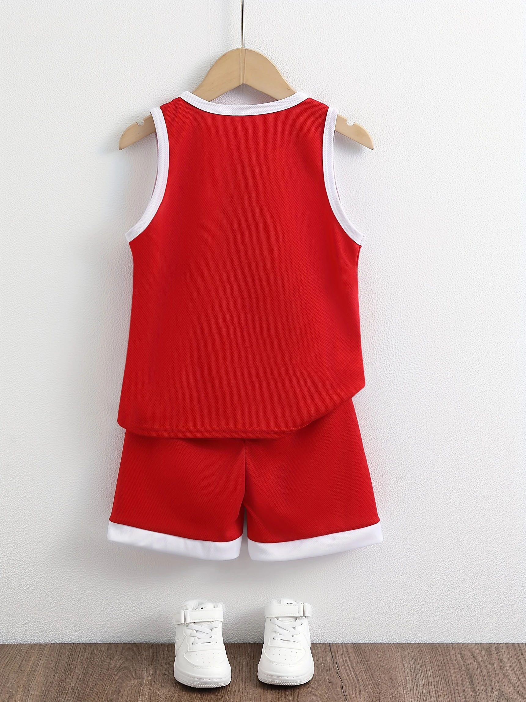 Girl Kids Boys 2-Piece Basketball Sport Set, Red White Contrast Trim Sleeveless Mesh Tank Jersey & Elastic Waist Quick Dry Athle