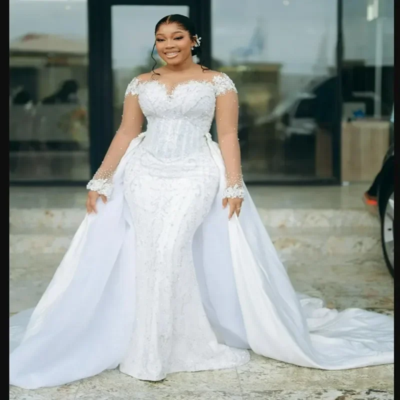 Customized Luxury Detachable Train Arabic Mermaid Wedding  Dress Shinny Appliques Beads Wedding Dresses For Brides Bridal Gowns
