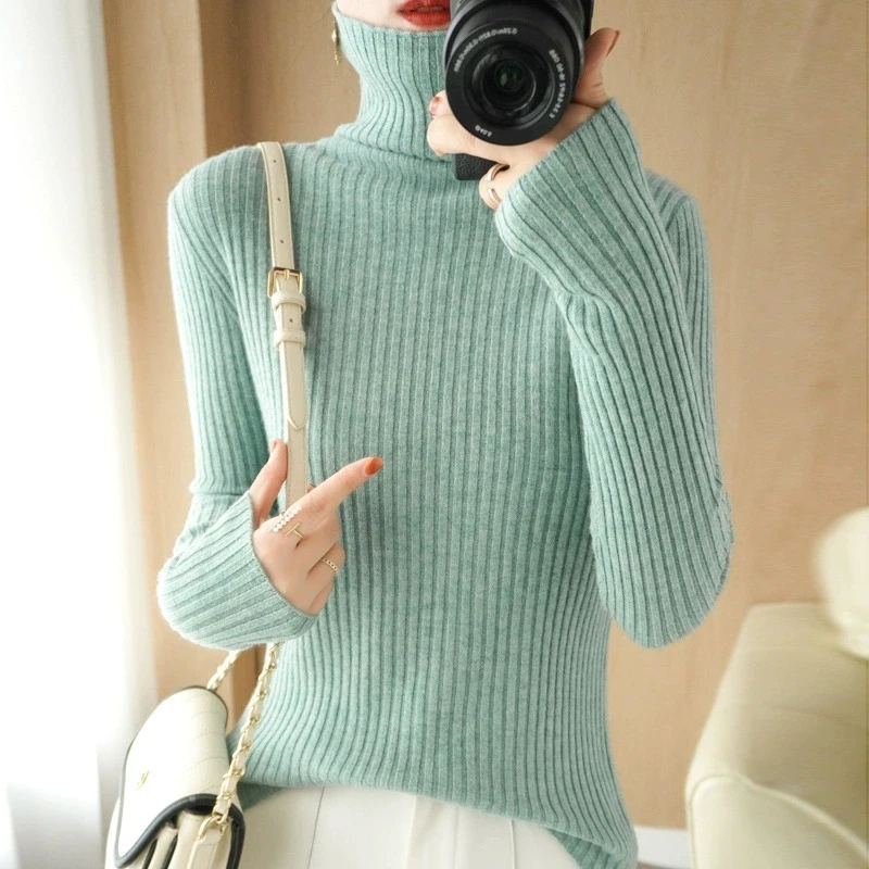 

2025 повседневный свитер в рубчик с воротником для женщин, зима-осень, теплый толстый женский трикотаж с длинными рукавами, тонкий однотонный джемпер для женщин