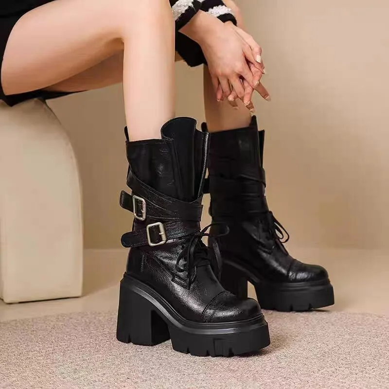 

Autumn and Winter Western Mid-tube Boots New Round Toe Metal Belt Buckle Sleeve Platform Non-slip Block Heel Shoes
