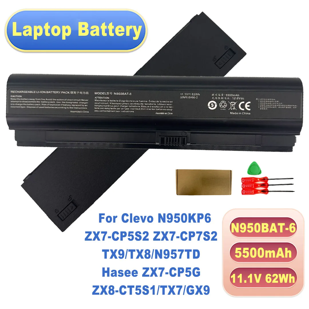 Laptop Battery N950BAT-6 11.1V 62Wh 5500mAh for Clevo N950KP6,ZX7-CP5S2,ZX7-CP7S2,TX9,TX8,N957TD,Hasee ZX7-CP5G,ZX8-CT5S1,TX7
