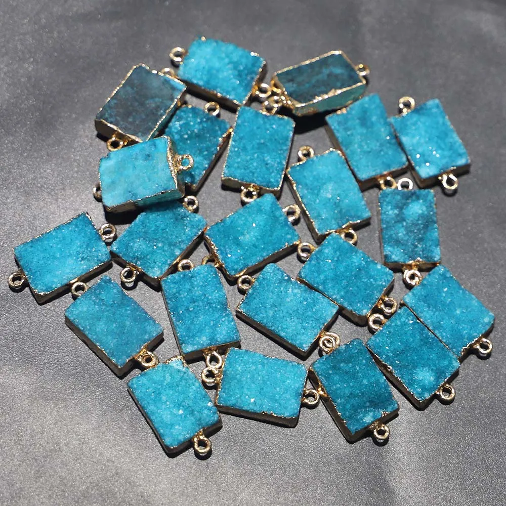 Natural Raw Stone Blue Crystal Pendant Electro Plated Pack With Gold Edge Connector Charms Hand Catenary Necklace Accessory 8Pcs